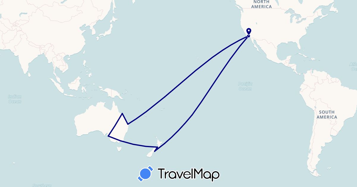 TravelMap itinerary: driving in Australia, Cook Islands, New Zealand, United States (North America, Oceania)